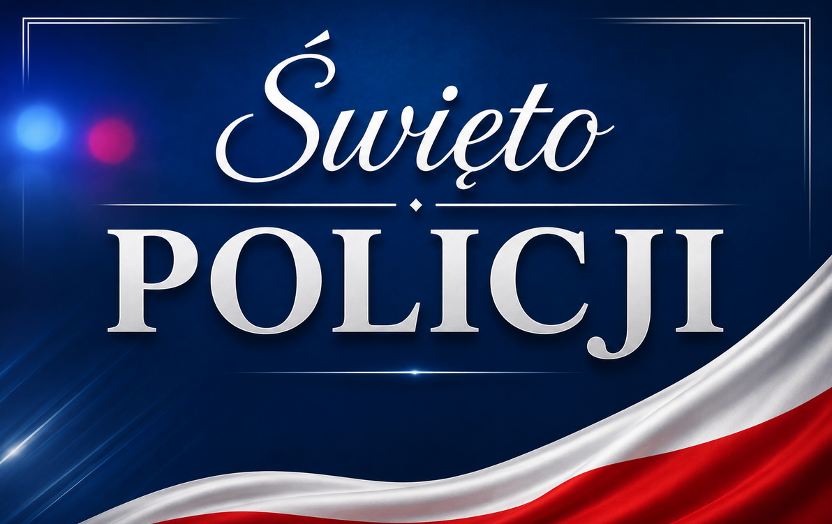 grafika z napisem Święto POlicji i z flaga Polski na niebieskim tle