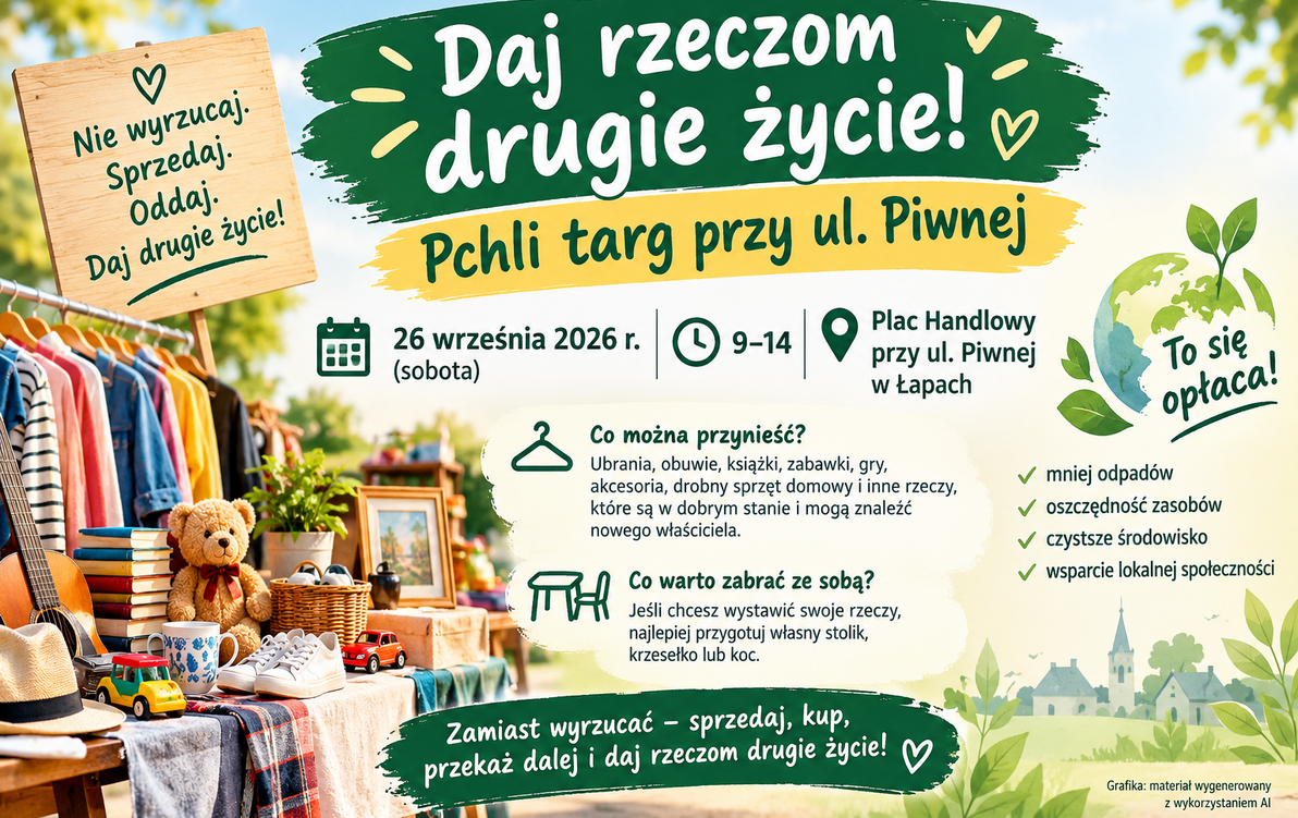 ubrania wiszą w szafie i informacje o pchlim targu
