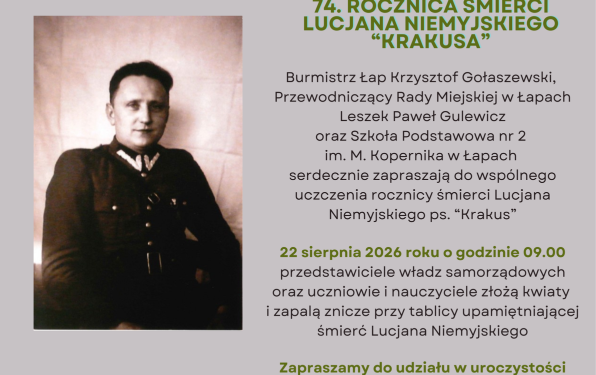 plakat informujący o 74. rocznicy smierci Lucjana Niemyjskiego