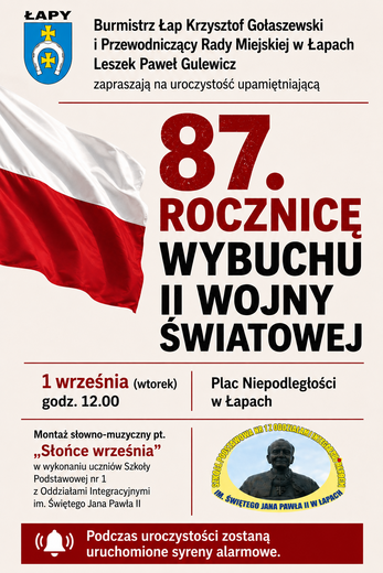 plakat w pionie informujący o obchodach 87. rocznicy wybuchu II wojny światowej.png