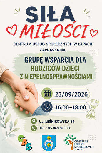 dwie dłonie i informacje o grupie wsparcia Siła Miłości