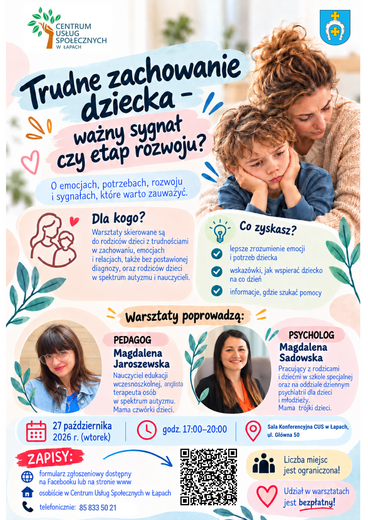 &bdquo;Trudne zachowanie dziecka &ndash; ważny sygnał czy etap rozwoju?&rdquo; Zapraszamy na bezpłatne szkolenie z częścią warsztatową