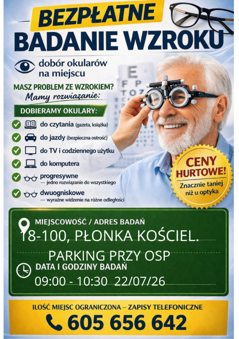 Plakat Bezpłatne badania wzroku dla mieszkańc&oacute;w Płonki Kościelnej