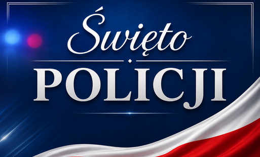 grafika z napisem Święto POlicji i z flaga Polski na niebieskim tle