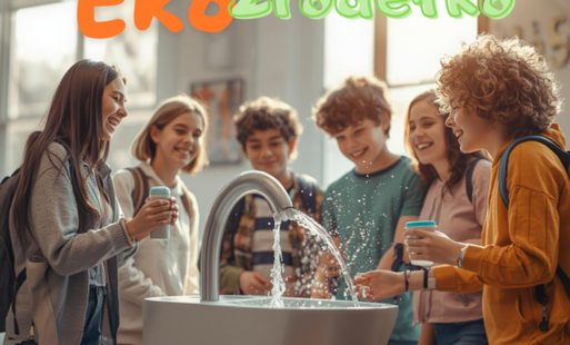 uczniowie stoją wokół ekoźródełka z wodą