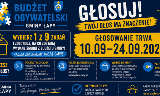 baner z tekstem zachęcającym do głoswania na zadania z Budżetu Obywatelskiego