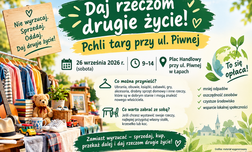 ubrania wiszą w szafie i informacje o pchlim targu