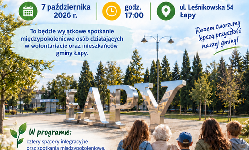 plakat ze zdjęciem z napisem Łapy w centrum miasta