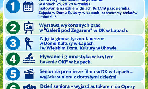 plakat z programem i zdjęciami poprzednich wycieczek senioró