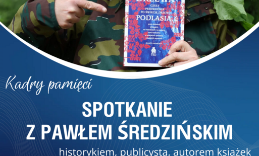 plakat z programem spotkania i zdjęciem Pawła Średzińskiego