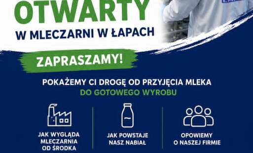 Plakat informujący o Dniu Otwartym z pracownikiem mleczarni w tle