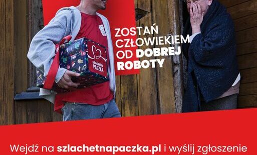 Mężczyzna z paczka i starsza kobieta, tekst Bądź człowiekiemod dobrej roboty